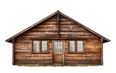 A hand-drawn log cabin with two charming windows nestled in a serene setting