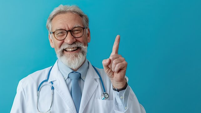 Young handsome doctor man with beard wearing coat and glasses over blue background showing and pointing up with fingers. AI generated illustration