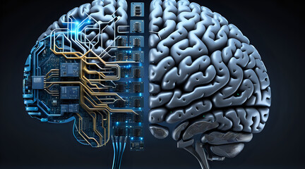 a half biological, half technological brain, symbolizing the integration of human intelligence with artificial intelligence, through the fusion of organic brain texture and circuitry