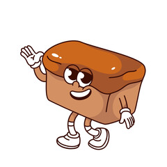 Groovy wheat bread cartoon character walking with hand up. Funny retro healthy cereal bread loaf of classic form with smile, bakery mascot, cartoon sticker of 70s 80s style vector illustration