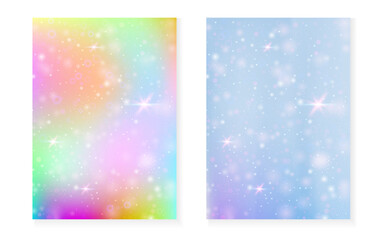 Princess background with kawaii rainbow gradient. Magic unicorn hologram. Holographic fairy set. Mystical fantasy cover. Princess background with sparkles and stars for cute girl party invitation.