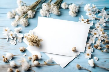 Naklejka na ściany i meble Card mockup, white blank wedding invitation with floral decor on bue wooden background. Greeting card mockup with white dried flowers