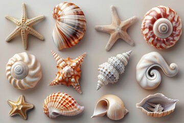 The shell, snail, mollusk, starfish, and seahorse are all 3D modern icons.