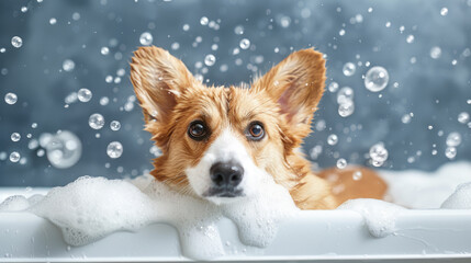 Welsh Corgi pembroke dog taking bath with shampoo and bubbles in bathtub. Concept for pet shop, grooming salon. Grey background, bath interior.