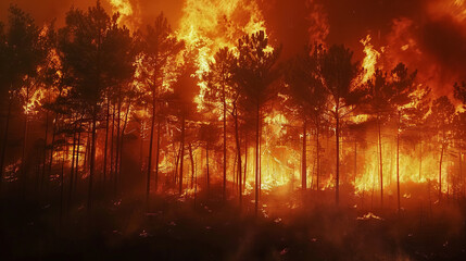  Large flames of forest fire. Ecological catastrophy. - obrazy, fototapety, plakaty