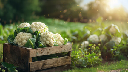 Organic cauliflower in a wooden box on the field. Nature background. Agriculture farm.
