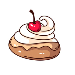 Groovy cartoon bun with whipped cream swirl and cherry. Funny retro round sweet bread for dessert, pastry and bakery mascot, cartoon cream cake with berry sticker of 70s 80s style vector illustration