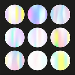 Hologram abstract backgrounds set. Holographic gradient. Spectrum hologram backdrop. Minimalistic 90s, 80s retro style graphic template for placard, presentation, banner, brochure.