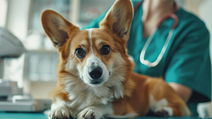 Welsh corgi pembroke at vet clinic. The veterrinarian examinated a dog on the table. Vet giving a dog a check up. Health care and prevention in hospital.