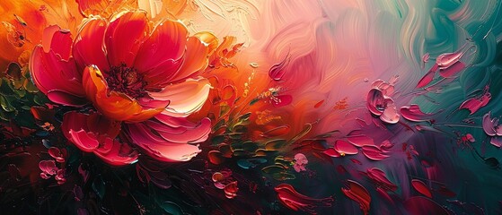 An abstract floral scene bursts with color, thick paint creating petals and leaves.  - obrazy, fototapety, plakaty