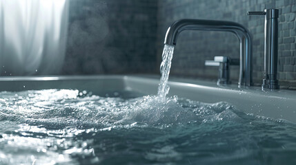Water flows from the tap into the bath. Water pours from the faucet into the bath tub with steam....