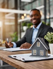 House model on the table, real estate agent or customer signing contract to buy house, insurance or mortgage loan