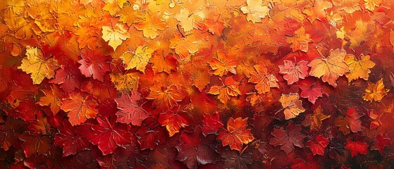 An abstract representation of autumn, with thick paint in warm oranges, reds and yellows.  - obrazy, fototapety, plakaty