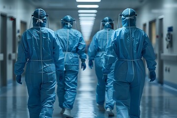 Personal de salud vistiendo ropa azul de bioseguridad con guantes caretas y mascarillas.  Doctores caminando dentro de un hospital vista de espaldas. Proteccion personal - obrazy, fototapety, plakaty