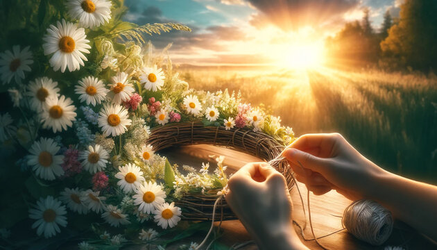 Swedish Traditional Midsummer, Woman Making a Swedish Midsummer Head Creation