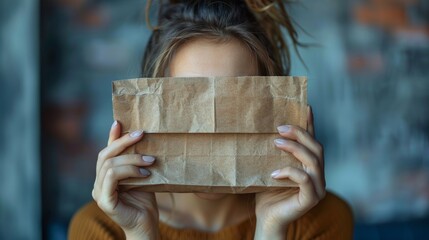 Happy Woman Hiding Face Behind Paper Bag Generative AI