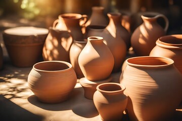 Fototapeta na wymiar Ceramic clay pottery in the sunlight, dreamy atmosphere, soft focus background with copyspace