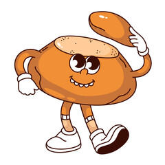 Groovy round bread cartoon character holding cap with funky smile. Funny retro sourdough bread bowl for hot soup, bakery mascot, cartoon baked loaf sticker of 70s 80s style vector illustration
