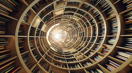 A spiral of bookshelves with a large book in the middle. The bookshelves are filled with books of all sizes and colors. Scene is one of curiosity and wonder