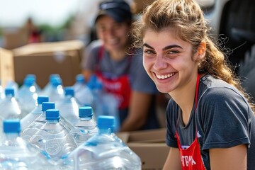 Obraz premium Community Spirit in Action Smiling Volunteers Diligently Packing Water Bottles into Cardboard Boxes Outside a Truck for a Humanitarian Cause