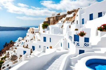 White architecture in Santorini island, Greece. Beautiful terrace with sea view. - obrazy, fototapety, plakaty
