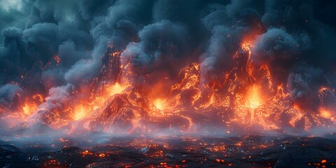 Exploring the Fiery Volcanic Landscape of Muspelheim in Norse Mythology with a hint of Fantasy. Concept Norse Mythology, Muspelheim, Volcanic Landscape, Fantasy, Exploration - obrazy, fototapety, plakaty