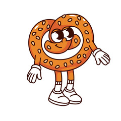 Groovy pretzel cartoon character with smile. Funny retro baked knot bread in German cuisine, Oktoberfest and Bavarian bakery mascot, cartoon happy pretzel sticker of 70s 80s style vector illustration