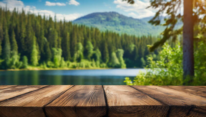 Empty wooden tabletop for product display montages with forest and lake background