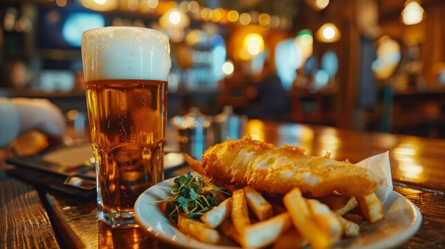 A classic serving of fish and chips paired with a pint of beer, presented in an authentic English pub setting, showcasing traditional British food culture