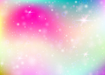 Unicorn background with rainbow mesh. Cute universe banner in princess colors. Fantasy gradient backdrop with hologram. Holographic unicorn background with magic sparkles, stars and blurs.