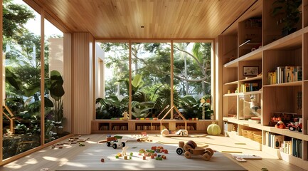 A rendering of an interior view of a modern wooden playroom with toys and bookshelves inside.