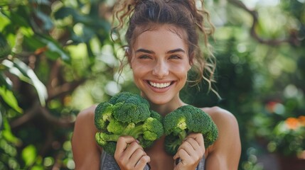 Vibrant Woman Exemplifying Health with Broccoli 'Dumbbell', Symbolizing Organic Vegan Lifestyle Generative AI