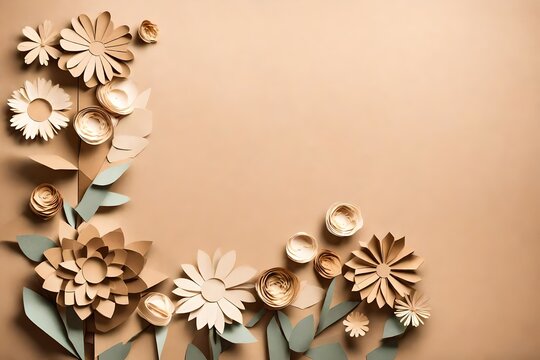 Cardboard flowers on beige background and copyspace