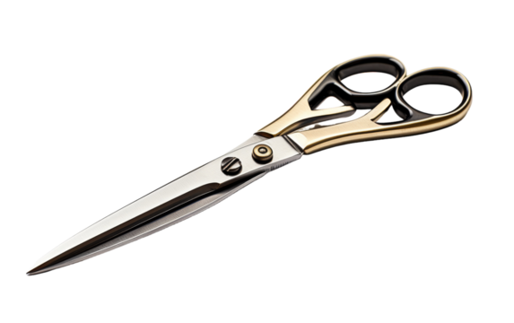 A pair of black and gold scissors resting on a pristine white background