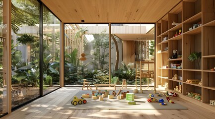 A rendering of an interior view of a modern wooden playroom with toys and bookshelves inside.