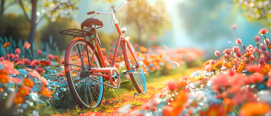A red bicycle is parked in a field of flowers. The scene is peaceful and serene, with the bike as the focal point