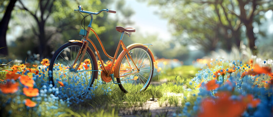 A bicycle is parked in a field of flowers. The bike is orange and blue, and it is surrounded by a beautiful, colorful field of flowers. The scene is peaceful and serene