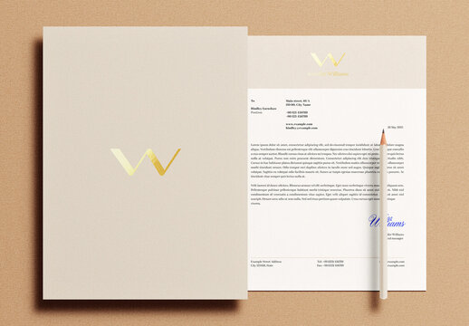 Gold Foil Folder Letterhead Letter Identity Branding Logo Logotype Corporate Stationary Minimal Mockup Template