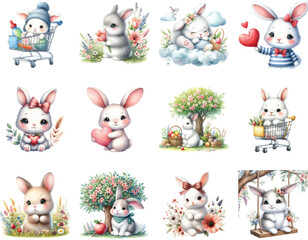 Naklejka premium Watercolor Cute Bunny Clipart Bundle