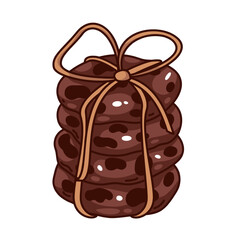 Groovy cartoon stack of chocolate cookies. Funny retro pile of sweet biscuits with choco chips and rope, pastry and bakery mascot, cartoon cookies sticker of 70s 80s style vector illustration