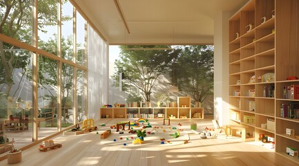 A rendering of an interior view of a modern wooden playroom with toys and bookshelves inside.