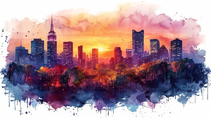 Watercolor Skyline on White Background Generative AI