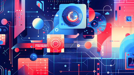 A colorful and abstract image of electronic components and circuits. Scene is energetic and futuristic