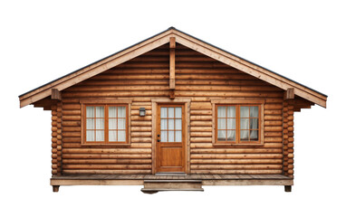 Quaint log cabin nestled in a forest clearing, featuring a charming door and windows