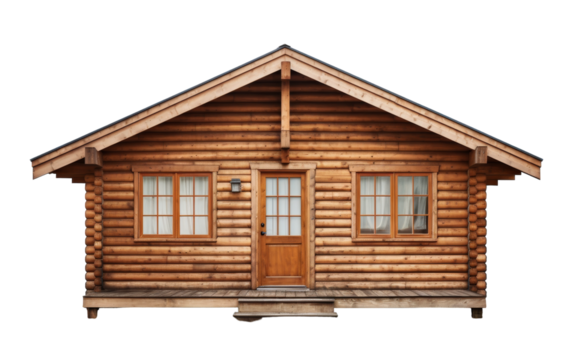 Quaint log cabin nestled in a forest clearing, featuring a charming door and windows