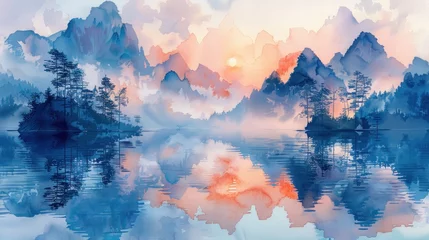 Deurstickers Stunning view of misty landscape with reflection of trees in lake water © ari