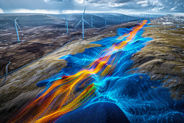 Futuristic 3D visualizations of energy flow within a renewable energy site, mapping the potential of wind, solar, and biofuels - obrazy, fototapety, plakaty