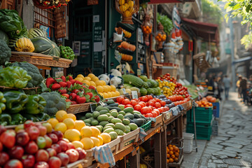 Fototapeta na wymiar Fruit and Vegetable Stand on Cobblestone Street