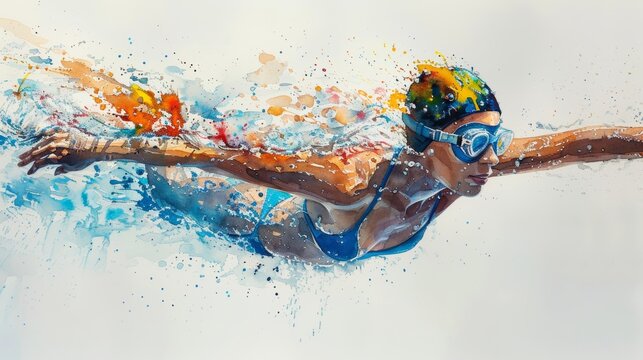 Watercolor Swimmer: A Vibrant Woman in Motion Generative AI