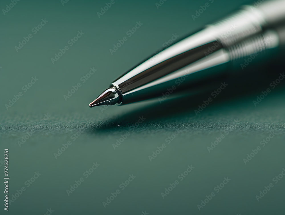 Fototapete a pen with a silver tip is sitting on a green surface. the pen is pointed and ready to write